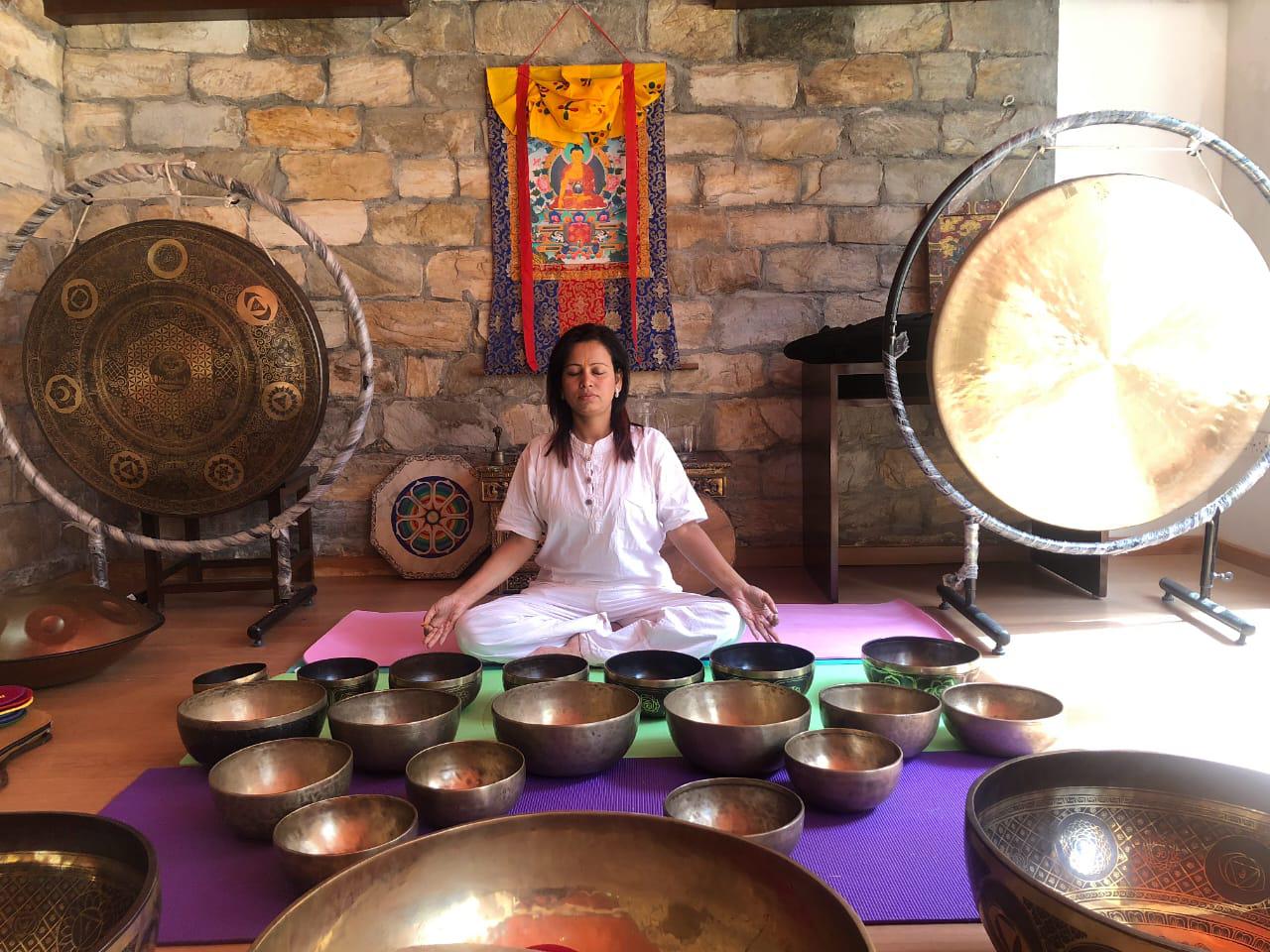 Healing power of singing bowls promoting stress relief, relaxation  and emotional balance.